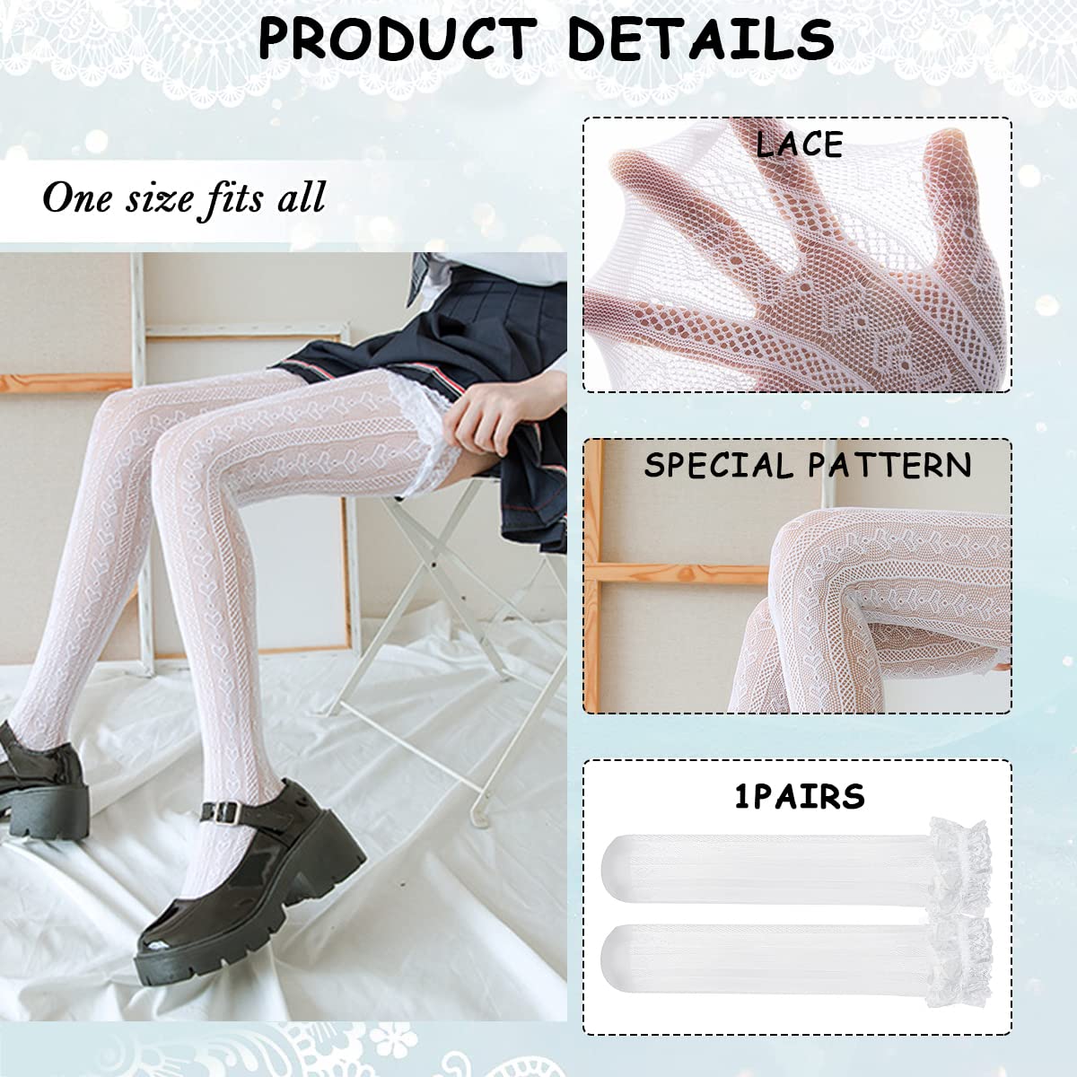 PALAY Lolita Lace Socks for Girls Teens Fishnet Over Knee High Socks Hollow Out Stockings Long Loose Socks for Mary Jane Shoes, Lolita Dress, Uniforms (1 Pair, White) PALAY Lolita Lace Socks for Girls Teens Fishnet Over Knee High Socks Hollow Out Stockings Long Loose Socks for Mary Jane Shoes, Lolita Dress, Uniforms (1 Pair, White)